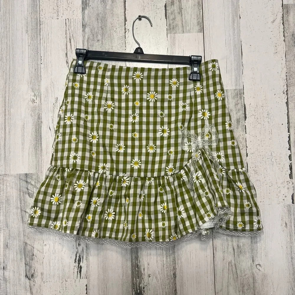 Green Gingham Daisy Print Ruffle Mini Skirt Cottagecore Size S
